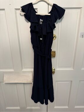 DKNY Navy Ruffled Belted Midi Dress